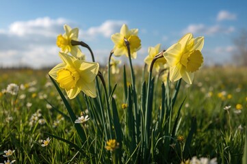 Fototapeta premium Vibrant yellow daffodil blossoms shining in a sunny field under a clear blue sky