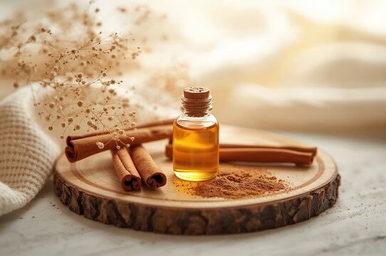 Cinnamon sticks and oil displayed on a wooden surface