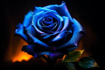 A stunning blue rose illuminated against a dark background with a warm glow, symbolizing beauty