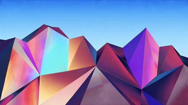 A stunning geometric abstract landscape featuring faceted mountains rendered in vibrant neon and holographic colors