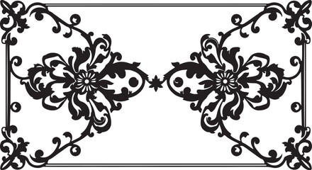 Abstract vector floral design elements featuring ornate black vintage flower and leaf silhouette scroll borders © Mamun
