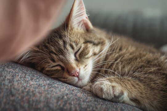 Feline cozily resting beside person