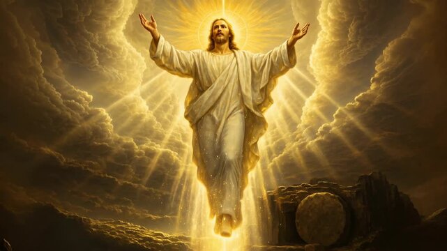 Resurrected Jesus Christ Ascending to Heaven in Divine Glory