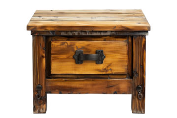 Rustic wooden side table with a single drawer featured in a bright indoor setting for a charming home decor accent isolated on transparent background
