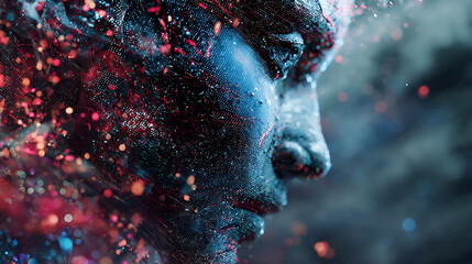 A mesmerizing closeup of a human face composed of particles, creating a surreal and ethereal effect, with a blend of blue and red hues, showcasing digital art