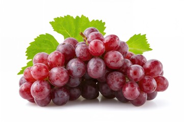Fototapeta premium Cluster of mature red grapes accompanied by leaves on a white backdrop