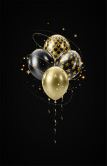 3D realistic bunch of gold black balloons. Huge luxury bouquet