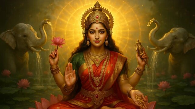 Goddess Lakshmi Sitting on Lotus with Golden Aura and Elephants