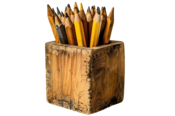 Rustic wooden pencil holder brimming with sharpened yellow and black pencils against a clean backdrop isolated on transparent background