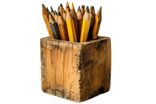 Rustic wooden pencil holder brimming with sharpened yellow and black pencils against a clean backdrop isolated on transparent background
