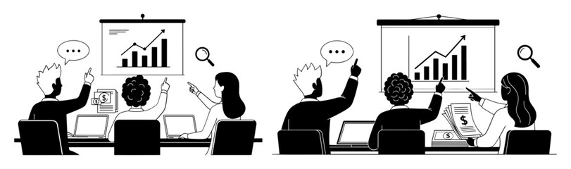 Vector art of business meeting with presentation and data analysis