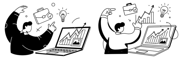 Vector art of two business people celebrate financial growth with laptop, symbolizing success