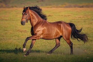 Fototapeta premium Close-up of a chestnut horse running through a fall meadow