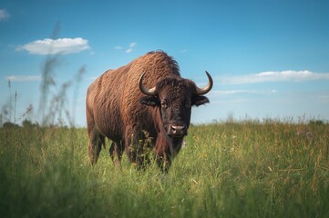 Obraz premium Bison roaming through lush meadow