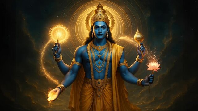 Hindu God Vishnu with Lotus and Divine Symbols in Spiritual Art