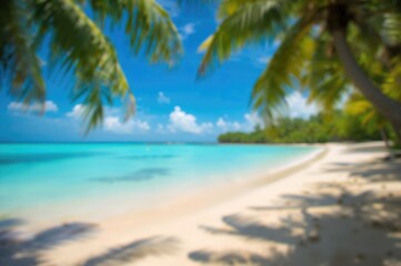 Obraz premium Out-of-focus sandy shore and tropical sea in summertime; empty area for advertising