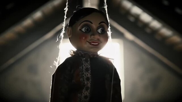 Creepy Vintage Marionette Puppet Hanging and Moving in a Dusty Attic