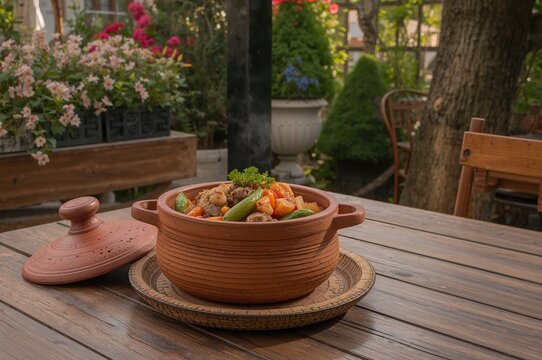 Traditional Veal and Vegetable Stew Cooked in a Clay Pot at an Outdoor Eatery