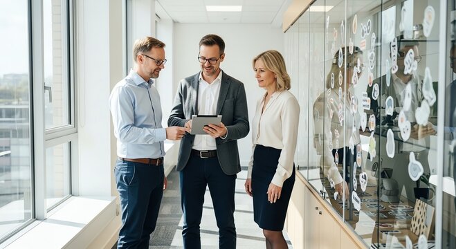 Two people looking at a tablet in an office
