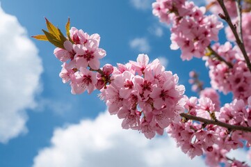 Close-up of vibrant pink blossoms on a fruit tree during spring against a clear blue sky. Optimized for social media and web banners.