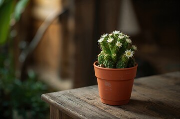 Potted succulent placed on a wooden table
