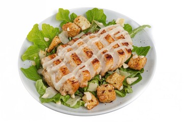 Grilled chicken breast Caesar salad featuring romaine, parmesan, croutons, and creamy dressing on a white backdrop