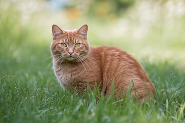 Red Cat with Golden Eyes Sitting in Lush Summer Grass