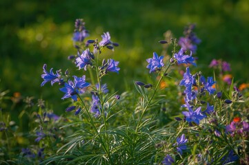 Blue Lobelia Blossoms in a Warm Season Garden