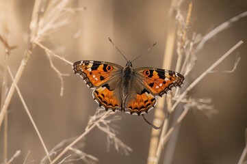 Obraz premium Insect Resting on Parched Straw with Wings Fully Spread