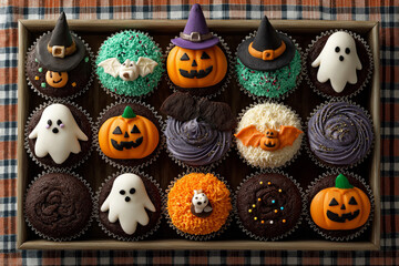 Halloween-themed cupcakes with ghost, pumpkin, and witch hat decorations on top of each cupcake in a black plastic tray.	 