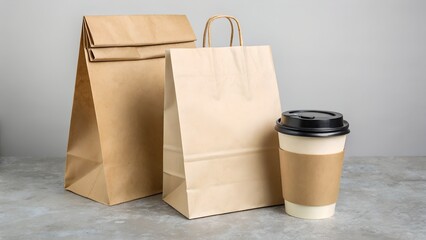 Takeout Order with Brown Paper Bags and Coffee Cup on Counter  for mockup
