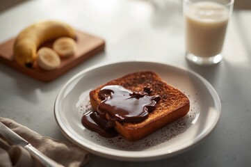 Isolated breakfast sandwich with chocolate and banana on white bread against a plain background