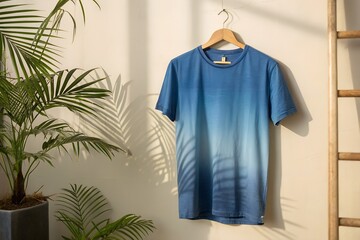Blue Ombre T Shirt Hanging on Wall with Plant and Ladder Decor  for mockup
