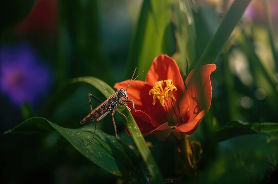 Macro shot of a small red and black cricket perched on a grass bloom (Bush Crickets or Katydids)