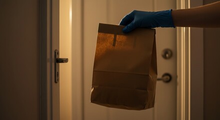 A person in blue gloves holding a brown paper bag