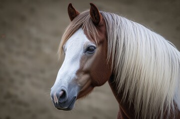 Obraz premium Close-up portrait of a majestic horse with brown and white fur and a flowing enchanting mane texture