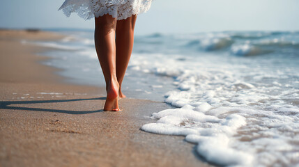Barefoot woman walking along the beach with the waves gently washing over her feet, enjoying a peaceful and relaxing moment by the sea