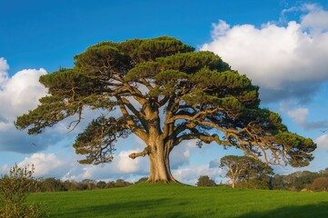 Fototapeta premium Cedar Tree Standing Tall Against a Clear Blue Sky in the Countryside