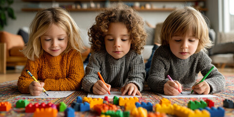 Fototapeta premium Three children engaged in creative activities, drawing and coloring on paper, surrounded by colorful building blocks on a cozy living room floor, showcasing imaginative playtime
