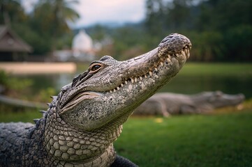 Naklejka premium Close-up of a crocodile's head in a natural setting