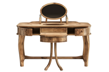 Elegant wooden vanity table with an oval mirror designed for personal grooming and beauty, showcasing exquisite craftsmanship and natural textures isolated on transparent background