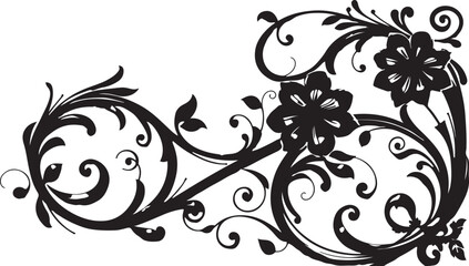 Abstract vector floral design elements featuring ornate black vintage flower and leaf silhouette scroll borders