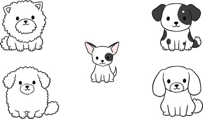 Cartoon dog breed set, cute puppy illustrations, fluffy white dogs, black spots, long ears, vector style, isolated on white background