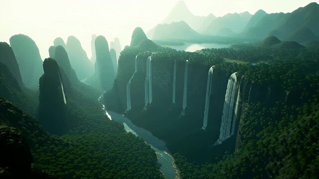 A breathtaking cinematic view of a majestic jungle valley featuring sheer cliffs and multiple parallel cascading waterfalls