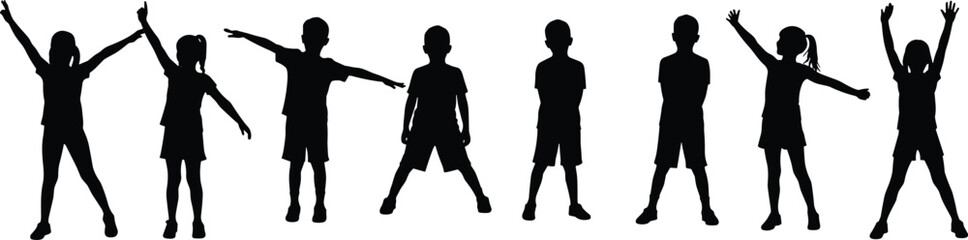 Children silhouettes, group activity, arm movements, physical exercise, dance poses, coordination, black figures, isolated, playful, dynamic posture set