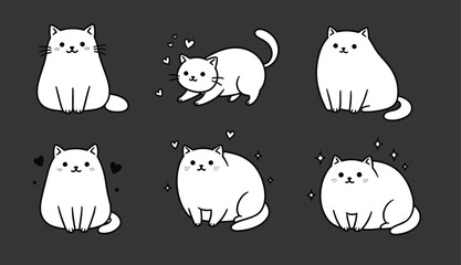 Cartoon white cats, cute expressions, sitting poses, sparkles and hearts, black outline, dark background, kawaii style, playful, isolated, adorable