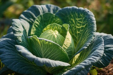 Obraz premium Green cabbage thriving in the field, Brassica oleracea var. capitata variety
