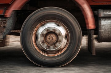 Close-up shot of a rotating vehicle tire with motion blur