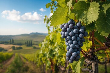 Fototapeta premium Close-up view of grapes growing on a vine in a rural vineyard