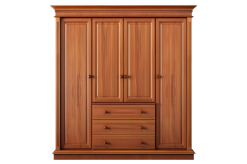 Elegant wooden wardrobe with intricate detailing and spacious storage perfect for a cozy bedroom setting isolated on transparent background